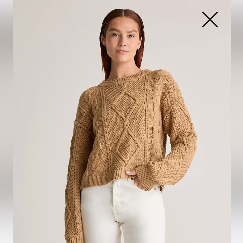 100% Organic Cotton Cropped Cable Crew Sweater size Small in Camel